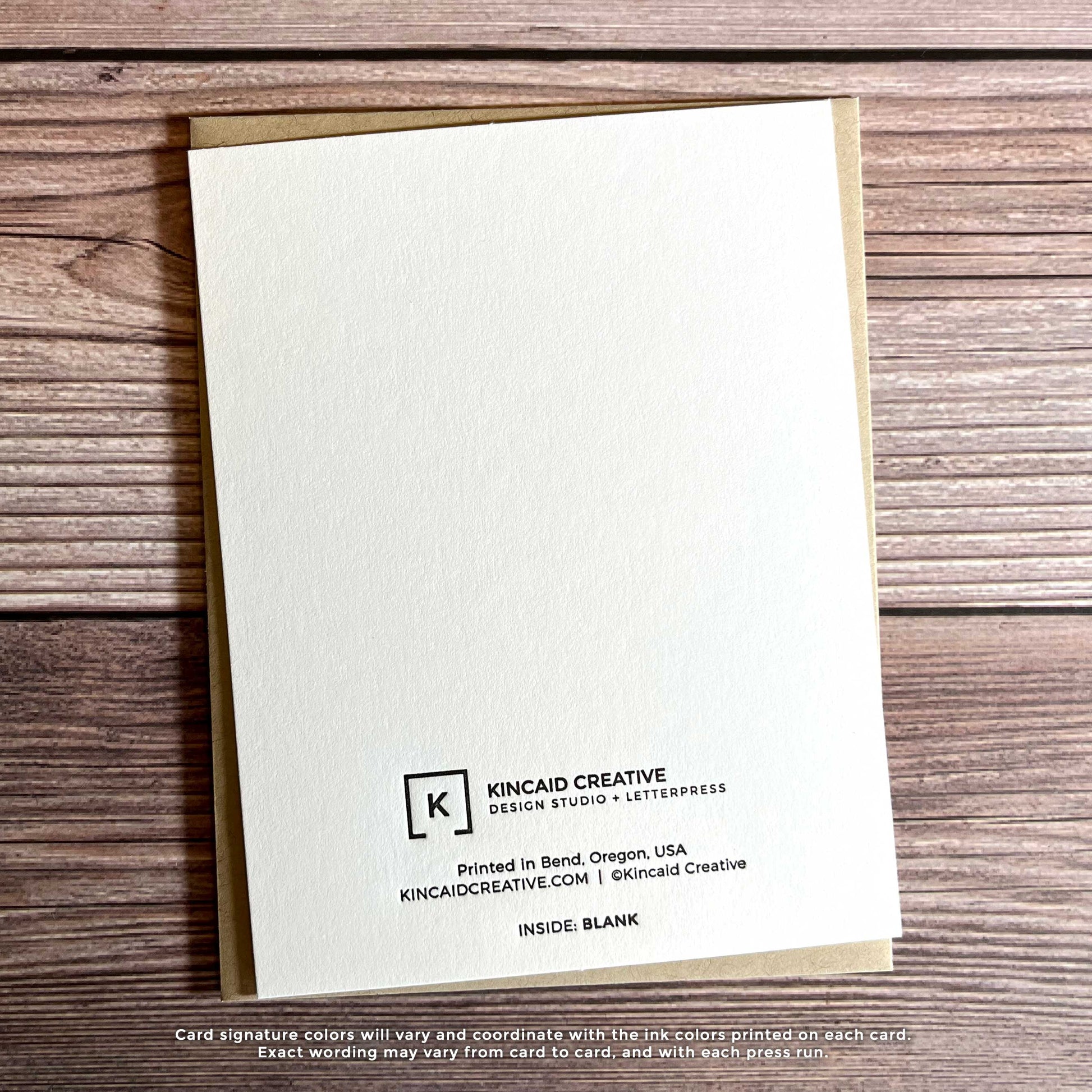 Letterpress greeting card, blank inside, back view of card, Kincaid Creative Design and Letterpress Studio, Bend, Oregon