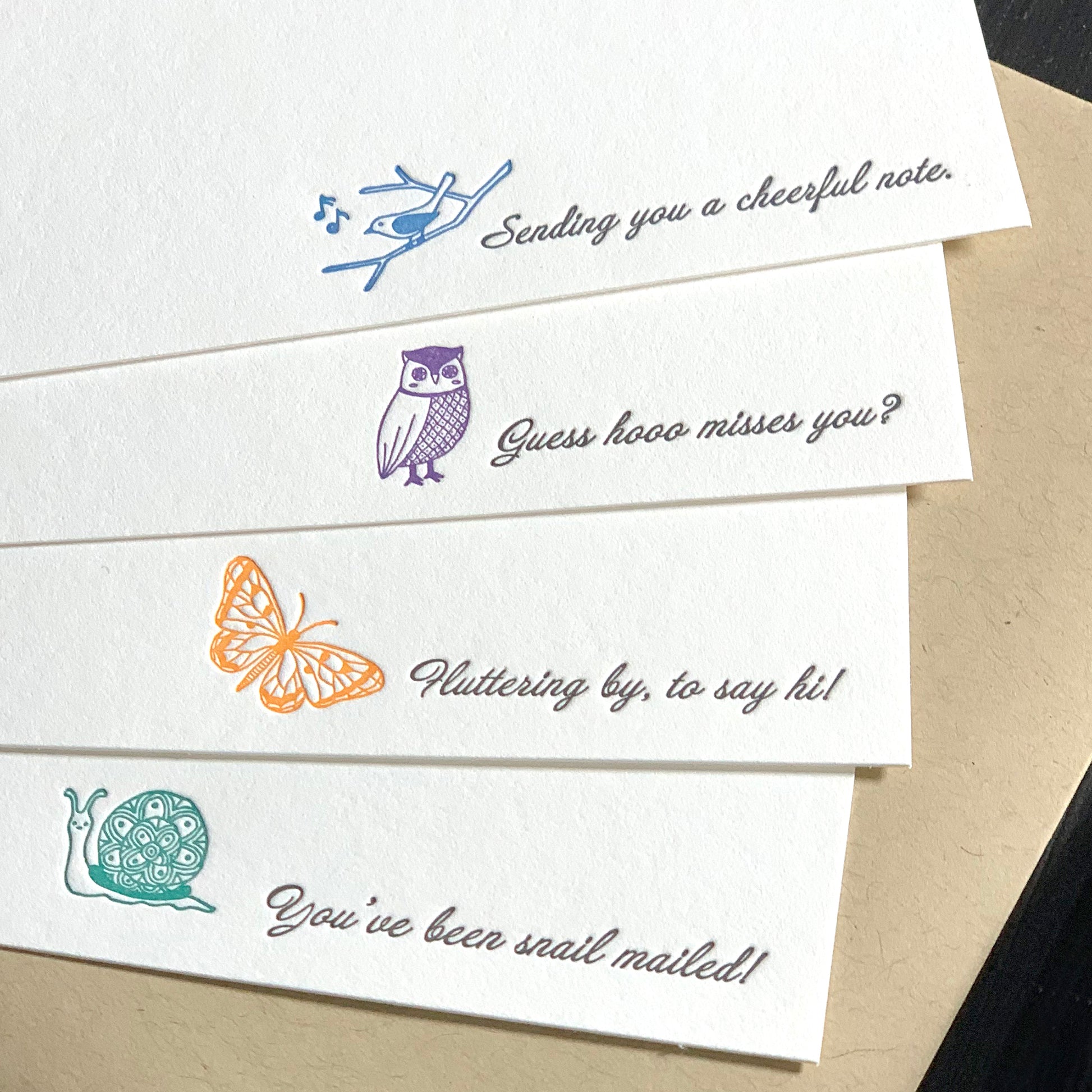 woodland animal note card stationery and envelopes, 4 designs, boxed set of 8 note cards, You've been snail mailed! Fluttering by to say hi! Guess hooo misses you? Sending you a cheerful note, Letterpress printed, includes envelopes